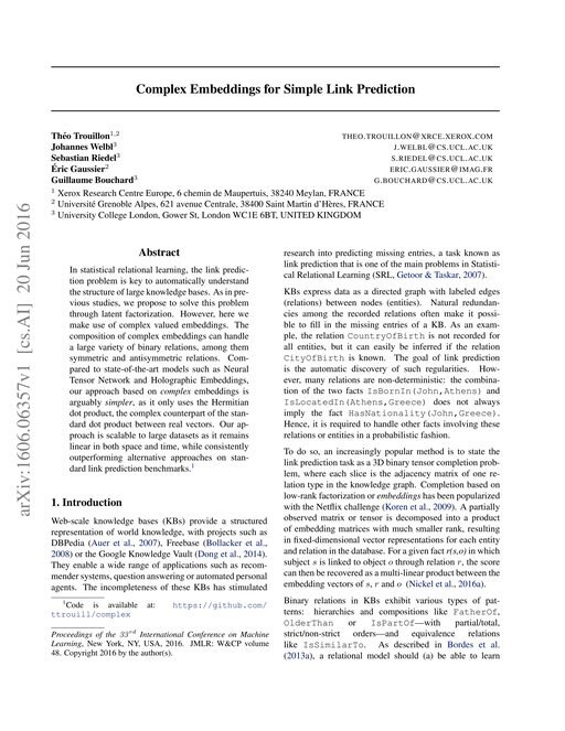 Main figure for Complex Embeddings for Simple Link Prediction