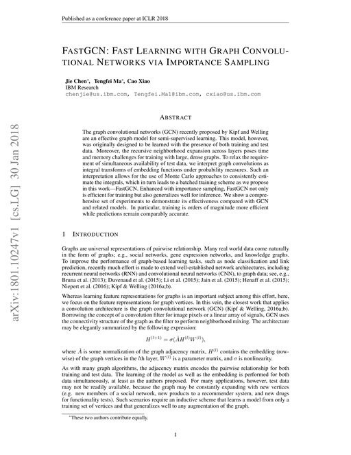 Main figure for FastGCN: Fast Learning with Graph Convolutional Networks via Importance Sampling