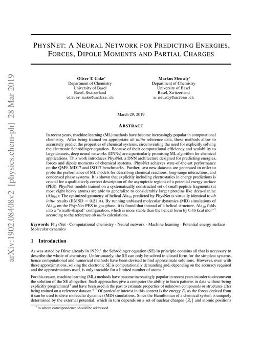 Main figure for PhysNet: A Neural Network for Predicting Energies, Forces, Dipole Moments and Partial Charges