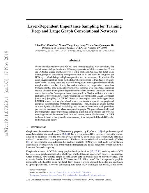 Main figure for Layer-Dependent Importance Sampling for Training Deep and Large Graph Convolutional Networks
