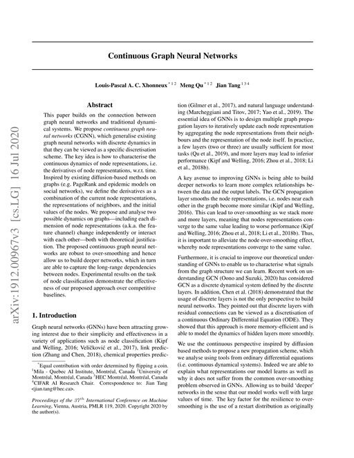 Main figure for Continuous Graph Neural Networks
