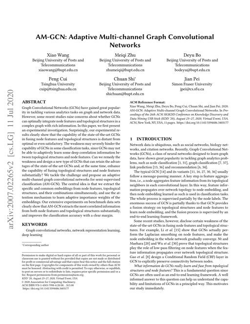 Main figure for AM-GCN: Adaptive Multi-channel Graph Convolutional Networks