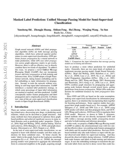 Main figure for Masked Label Prediction: Unified Message Passing Model for Semi-Supervised Classification