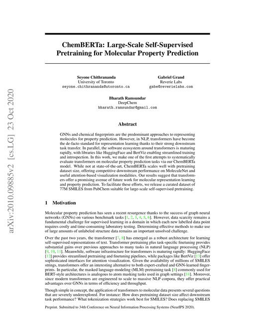 Main figure for ChemBERTa: Large-Scale Self-Supervised Pretraining for Molecular Property Prediction