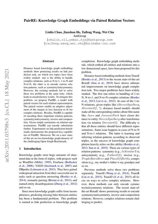 Main figure for PairRE: Knowledge Graph Embeddings via Paired Relation Vectors