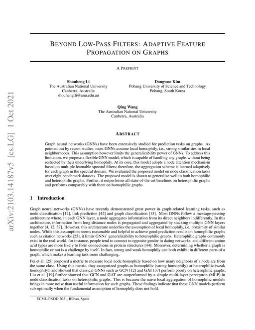 Main figure for Beyond Low-Pass Filters: Adaptive Feature Propagation on Graphs