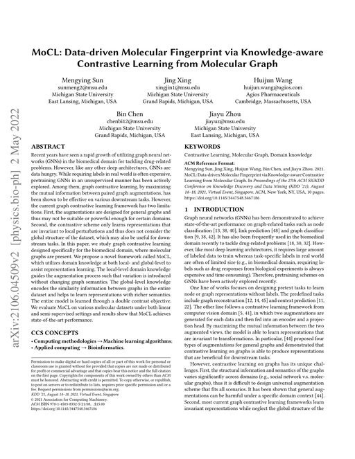 Main figure for MoCL: Data-driven Molecular Fingerprint via Knowledge-aware Contrastive Learning from Molecular Graph