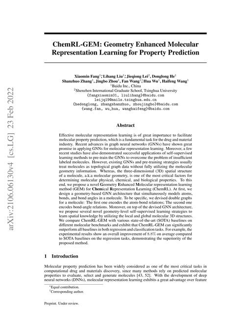 Main figure for ChemRL-GEM: Geometry Enhanced Molecular Representation Learning for Property Prediction