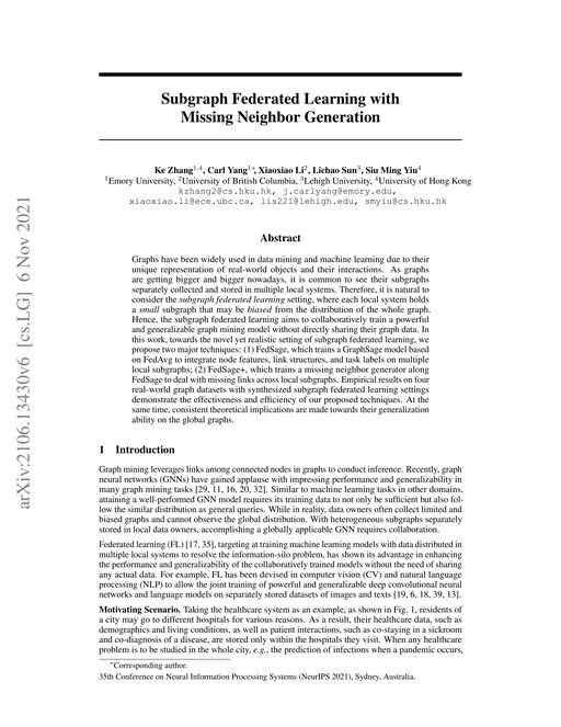 Main figure for Subgraph Federated Learning with Missing Neighbor Generation