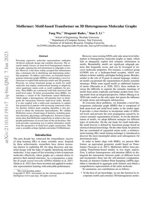Main figure for Molformer: Motif-based Transformer on 3D Heterogeneous Molecular Graphs
