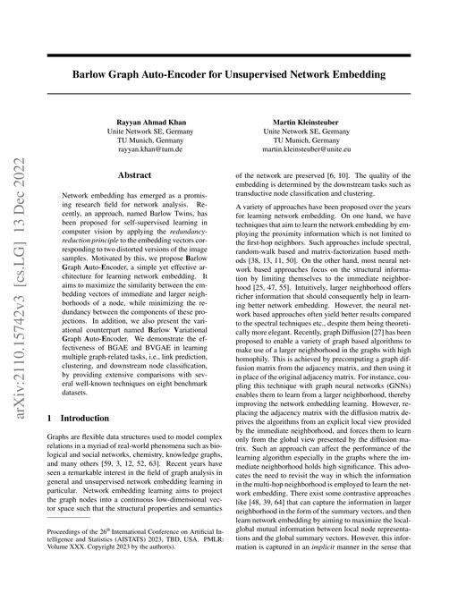 Main figure for Barlow Graph Auto-Encoder for Unsupervised Network Embedding