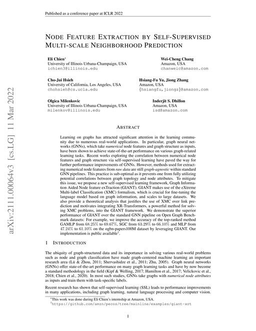 Main figure for Node Feature Extraction by Self-Supervised Multi-scale Neighborhood Prediction