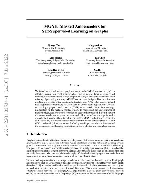 Main figure for MGAE: Masked Autoencoders for Self-Supervised Learning on Graphs