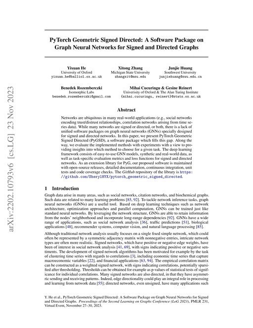 Main figure for PyTorch Geometric Signed Directed: A Software Package on Graph Neural Networks for Signed and Directed Graphs