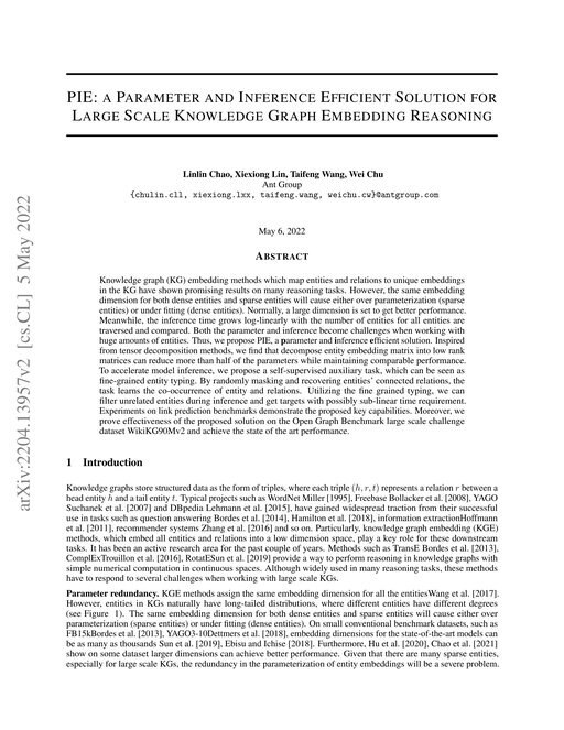 Main figure for PIE: a Parameter and Inference Efficient Solution for Large Scale Knowledge Graph Embedding Reasoning