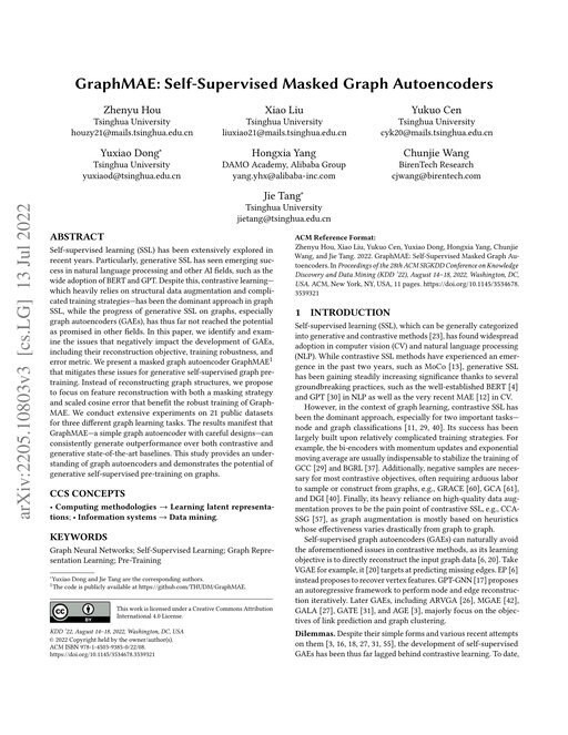 Main figure for GraphMAE: Self-Supervised Masked Graph Autoencoders
