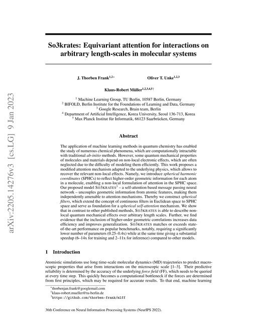 Main figure for So3krates: Equivariant attention for interactions on arbitrary length-scales in molecular systems