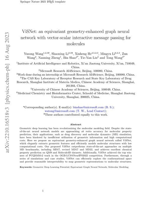Main figure for ViSNet: an equivariant geometry-enhanced graph neural network with vector-scalar interactive message passing for molecules
