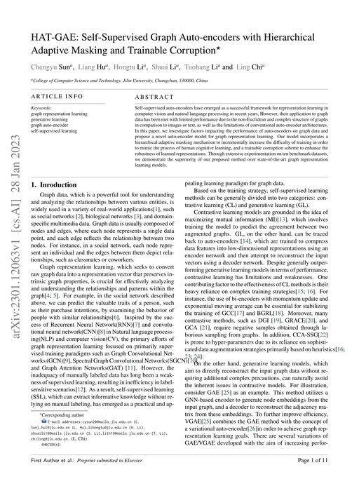 Main figure for HAT-GAE: Self-Supervised Graph Auto-encoders with Hierarchical Adaptive Masking and Trainable Corruption