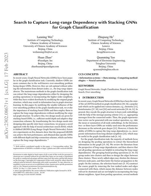 Main figure for Search to Capture Long-range Dependency with Stacking GNNs for Graph Classification