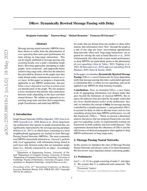 Main figure for DRew: Dynamically Rewired Message Passing with Delay