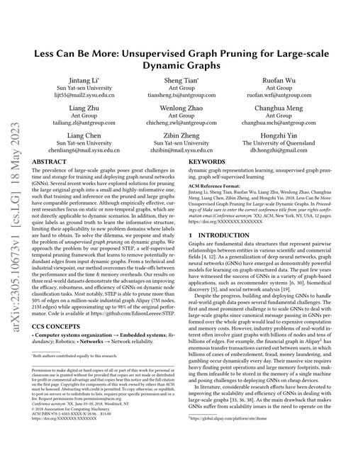 Main figure for Less Can Be More: Unsupervised Graph Pruning for Large-scale Dynamic Graphs