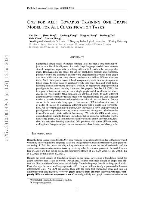 Main figure for One for All: Towards Training One Graph Model for All Classification Tasks