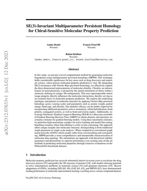 Main figure for SE(3)-Invariant Multiparameter Persistent Homology for Chiral-Sensitive Molecular Property Prediction
