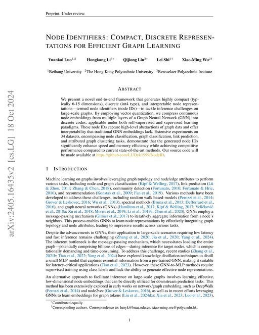 Main figure for Node Identifiers: Compact, Discrete Representations for Efficient Graph Learning