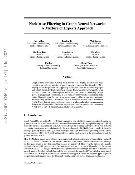Main figure for Node-wise Filtering in Graph Neural Networks: A Mixture of Experts Approach