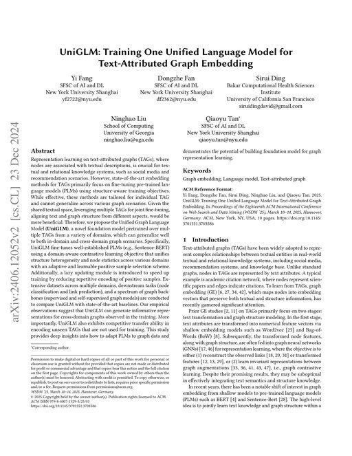Main figure for UniGLM: Training One Unified Language Model for Text-Attributed Graph Embedding