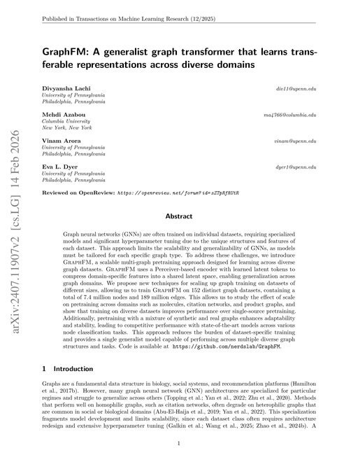 Main figure for GraphFM: A generalist graph transformer that learns transferable representations across diverse domains