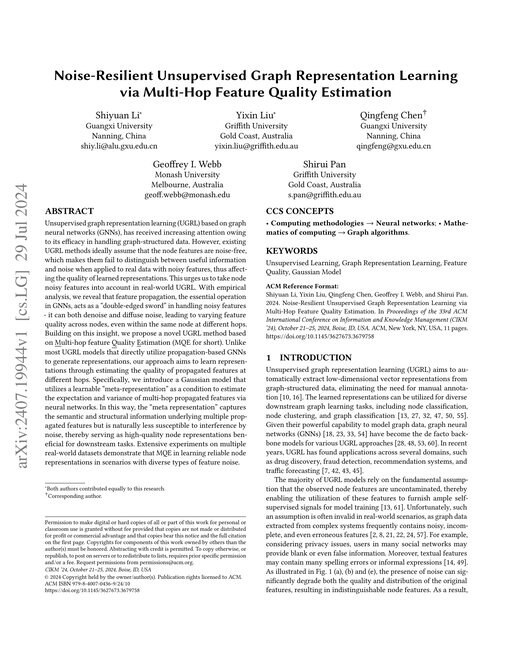 Main figure for Noise-Resilient Unsupervised Graph Representation Learning via Multi-Hop Feature Quality Estimation