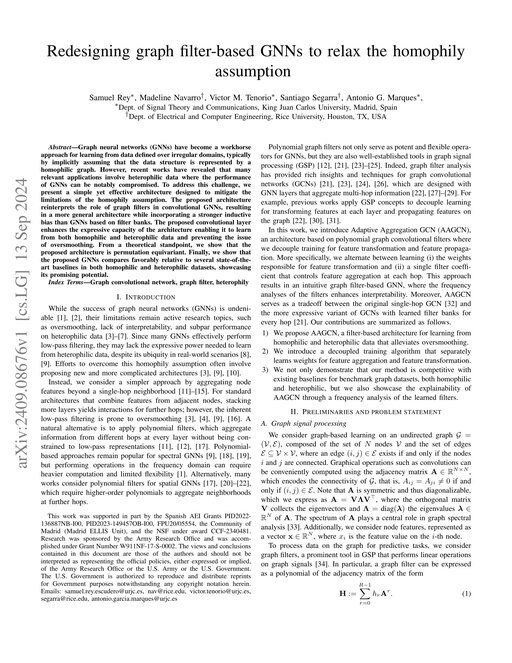 Main figure for Redesigning graph filter-based GNNs to relax the homophily assumption This work was supported in part by the Spanish AEI Grants PID2022-136887NB-I00, PID2023-149457OB-I00, FPU20/05554, the Community of Madrid (Madrid ELLIS Unit), and the NSF under award CCF-2340481. Research was sponsored by the Army Research Office and was accomplished under Grant Number W911NF-17-S-0002. The views and conclusions contained in this document are those of the authors and should not be interpreted as representing the official policies, either expressed or implied, of the Army Research Office or the U.S. Army or the U.S. Government. The U.S. Government is authorized to reproduce and distribute reprints for Government purposes notwithstanding any copyright notation herein. Emails: samuel.rey.escudero@urjc.es, nav@rice.edu, victor.tenorio@urjc.es, segarra@rice.edu, antonio.garcia.marques@urjc.es
