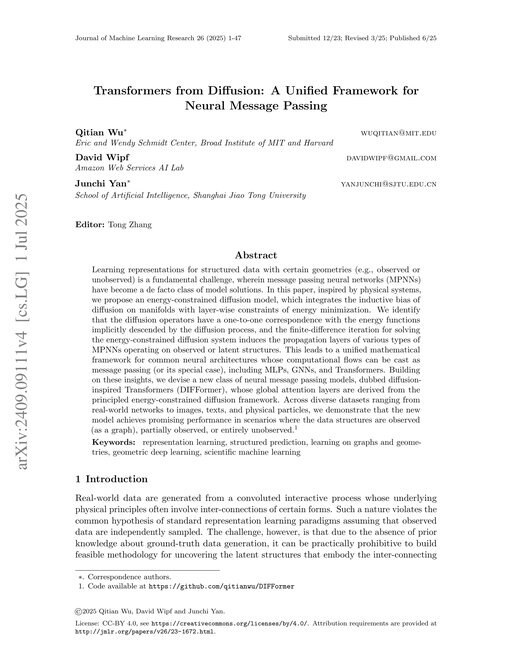 Main figure for Transformers from Diffusion: A Unified Framework for Neural Message Passing