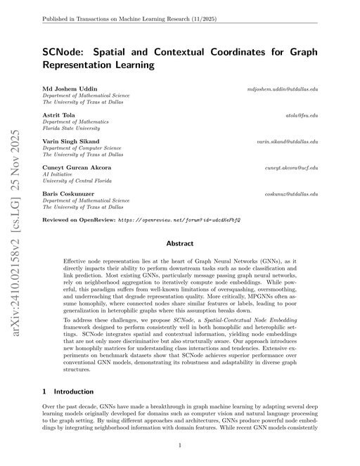 Main figure for SCNode: Spatial and Contextual Coordinates for Graph Representation Learning