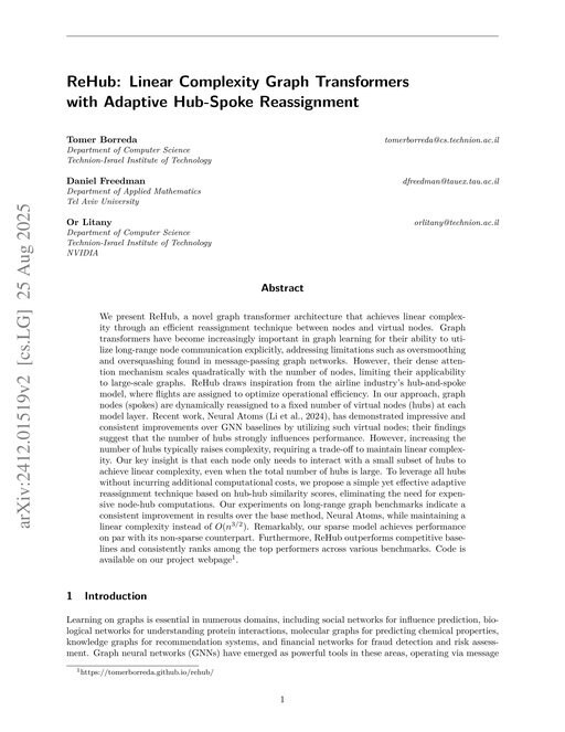 Main figure for ReHub: Linear Complexity Graph Transformers with Adaptive Hub-Spoke Reassignment