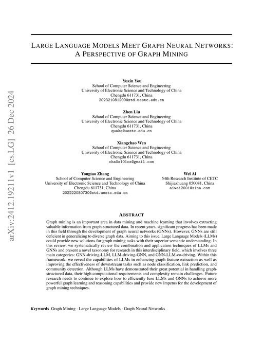 Main figure for Large Language Models Meet Graph Neural Networks: A Perspective of Graph Mining