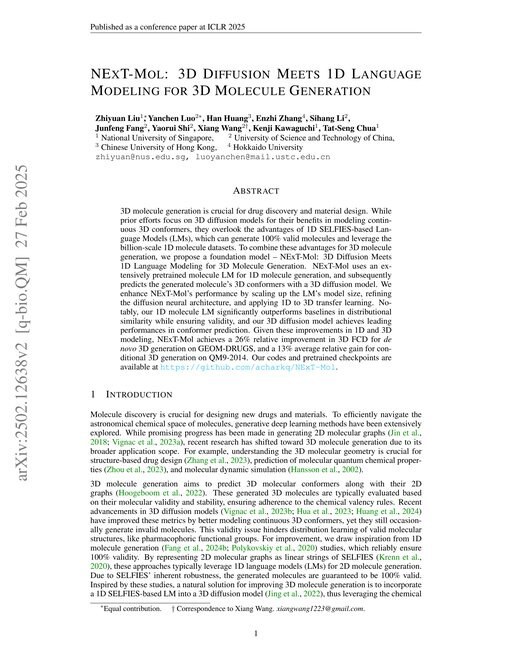 Main figure for NExT-Mol: 3D Diffusion Meets 1D Language Modeling for 3D Molecule Generation