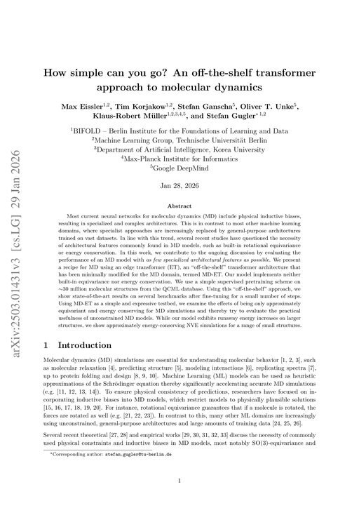 Main figure for How simple can you go? An off-the-shelf transformer approach to molecular dynamics