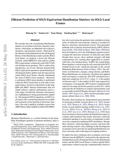 Main figure for Efficient Prediction of SO(3)-Equivariant Hamiltonian Matrices via SO(2) Local Frames