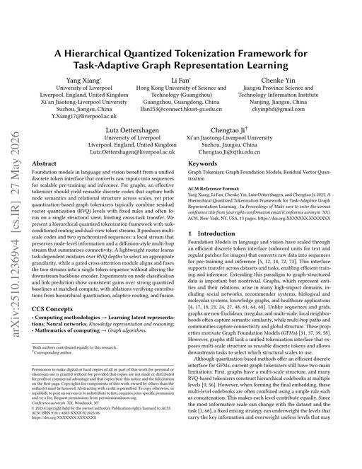 Main figure for A Hierarchical Quantized Tokenization Framework for Task-Adaptive Graph Representation Learning