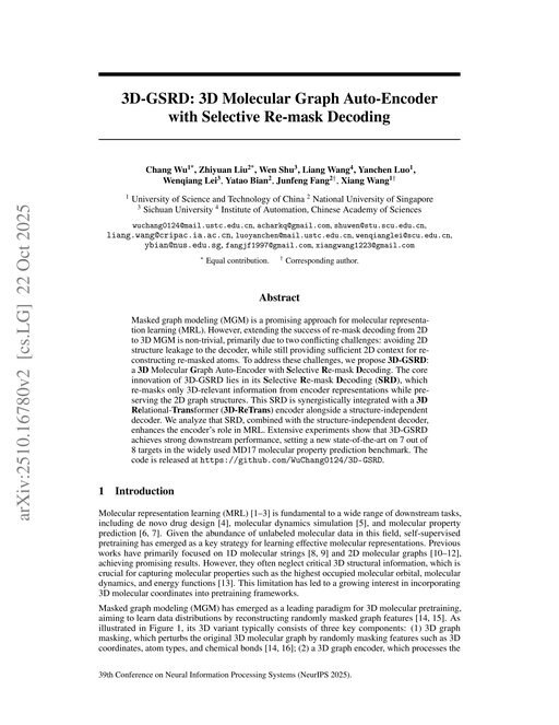 Main figure for 3D-GSRD: 3D Molecular Graph Auto-Encoder with Selective Re-mask Decoding