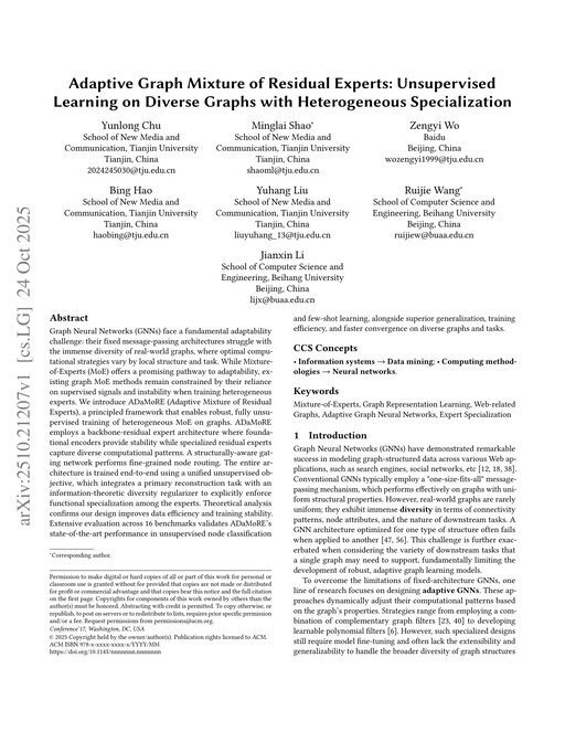 Main figure for Adaptive Graph Mixture of Residual Experts: Unsupervised Learning on Diverse Graphs with Heterogeneous Specialization