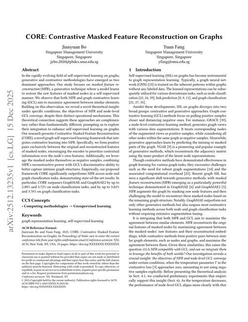 Main figure for CORE: Contrastive Masked Feature Reconstruction on Graphs