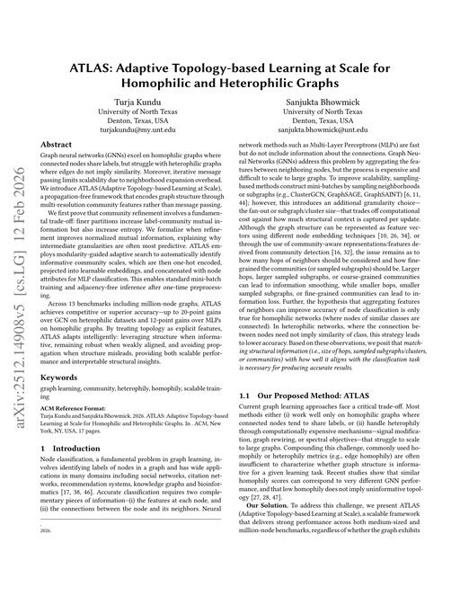 Main figure for ATLAS: Adaptive Topology-based Learning at Scale for Homophilic and Heterophilic Graphs