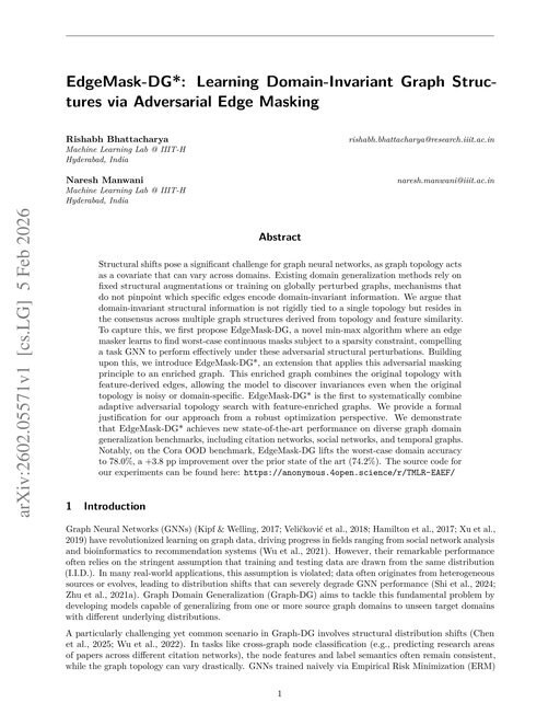 Main figure for EdgeMask-DG*: Learning Domain-Invariant Graph Structures via Adversarial Edge Masking