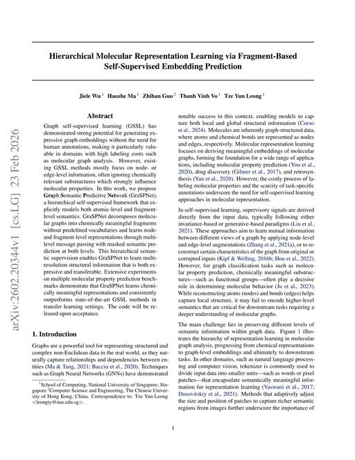 Main figure for Hierarchical Molecular Representation Learning via Fragment-Based Self-Supervised Embedding Prediction