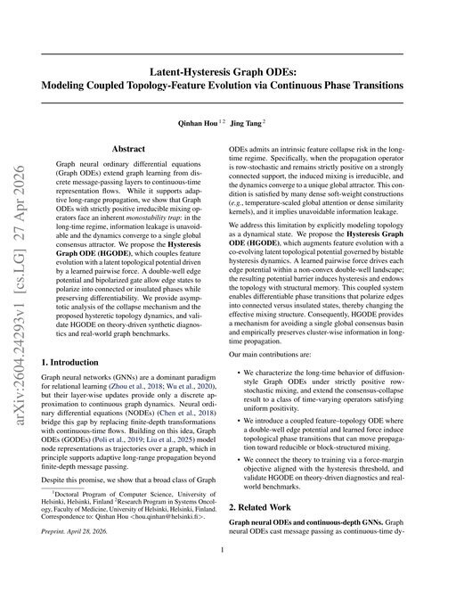 Main figure for Latent-Hysteresis Graph ODEs: Modeling Coupled Topology-Feature Evolution via Continuous Phase Transitions