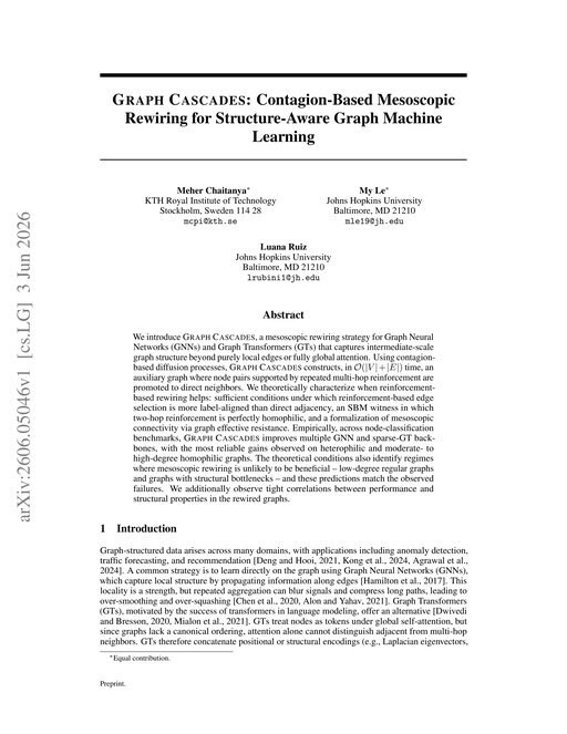 Main figure for Graph Cascades: Contagion-Based Mesoscopic Rewiring for Structure-Aware Graph Machine Learning